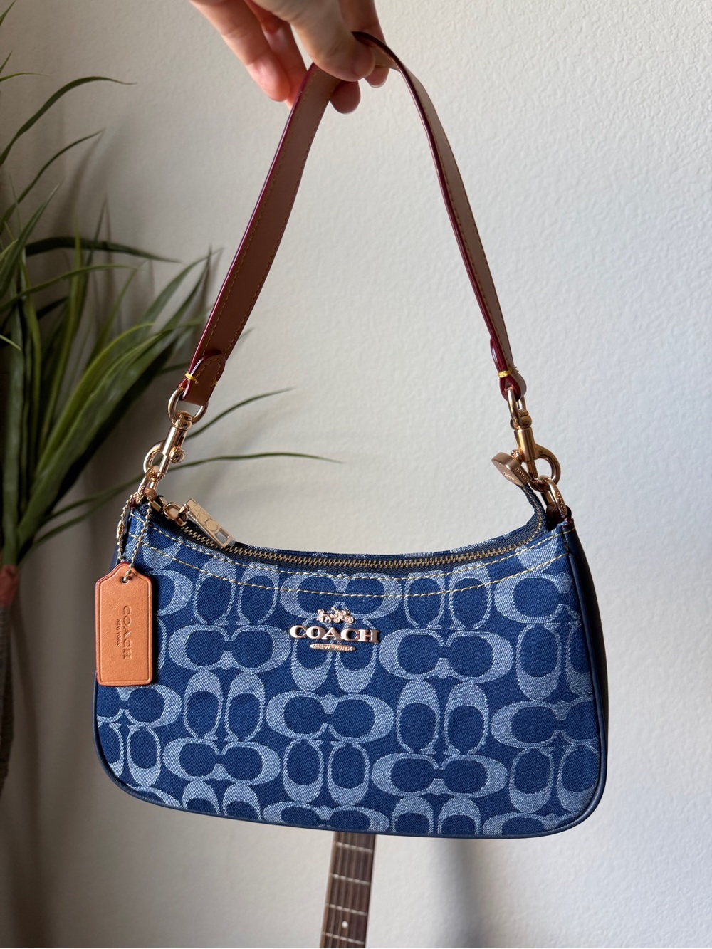 Coach Blue Signature Denim Teri with Brown Leather Strap Bag